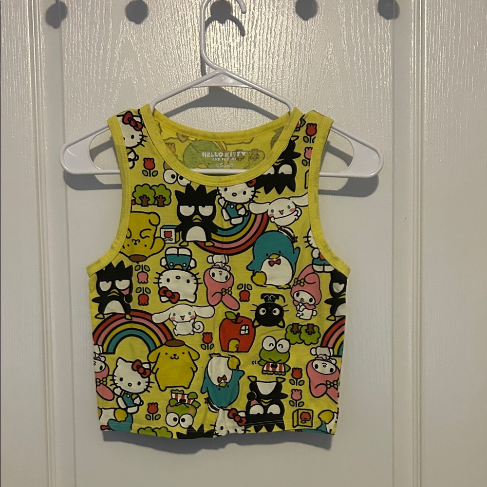 Hello Kitty Yellow Crop Top with Multicolor Print Fits Like a Small